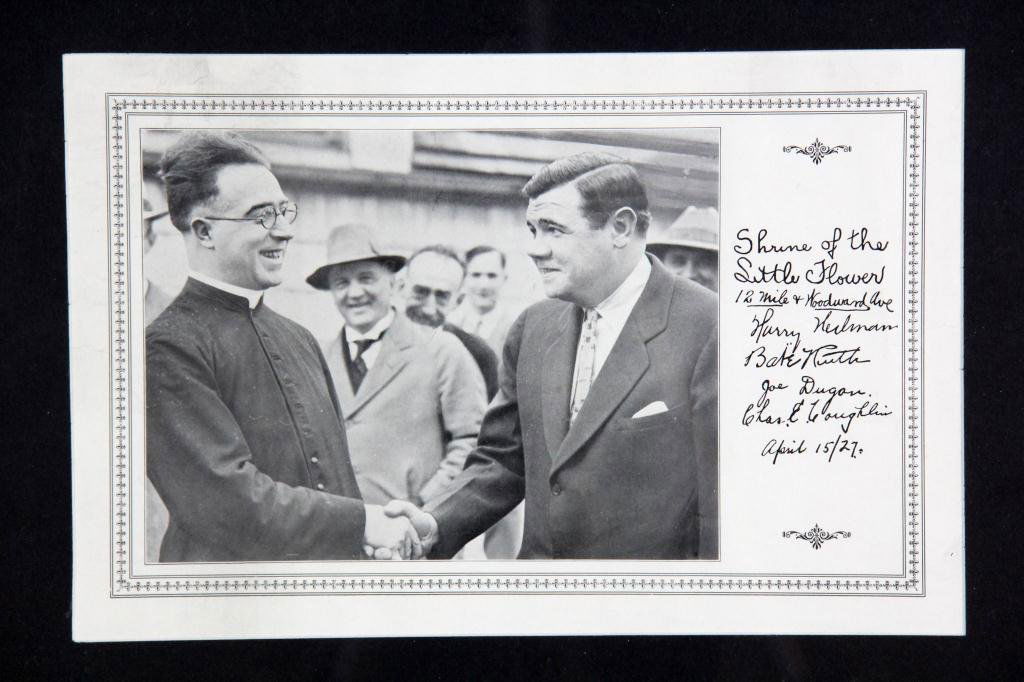1927 Photo Of Babe Ruth & Father Coughlin Etc.: A printed photograph of Father Charles Coughlin, the controversial "Radio Priest," shaking hands with Babe Ruth. Handwriting in the print states: Shrine of the Little Flower, 12 Mile & Woodward Ave, H