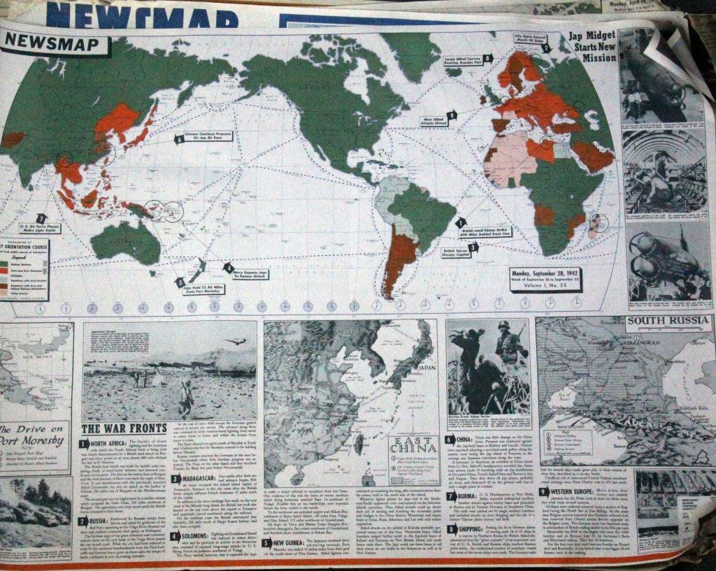 (10) World War Two Newsmaps: To include ten World War Two Newsmaps. Distributed by the Army Orientation Course, prepared from public sources of information. One side of each poster would give a weekly update of World War Two even