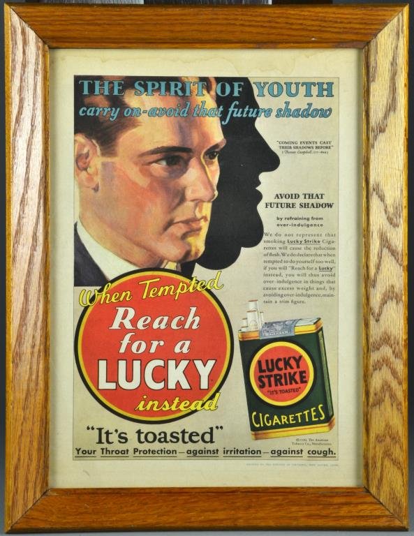 1930 Framed Lucky Strike Advertisement: A 1930 Lucky Strike framed advertisement professing that Lucky Strike's will help with weight loss, printed by the Knights of Columbus, New Haven, Conn., 16" H x 12" W, sight & frame.