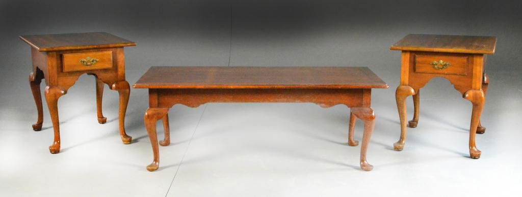 (3) Chippendale Style End Tables and Coffee Table: Consisting of two mahogany end tables with matching coffee table, each having cabriole legs terminating in pad feet, end tables 24" H x 20" W x 26" D, coffee table 17.5" H x 22" W x 48" L, circa 20th