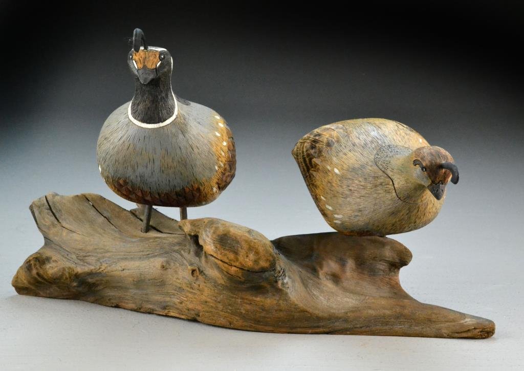 Pr. J. Peppers California Quail Carvings: Each exquisitely carved and painted depicting top-knotted quails mounted to driftwood base, overall measures 14"L, circa 20th century. Condition: Excellent Private Collection of a Fort Wayne, Indiana 