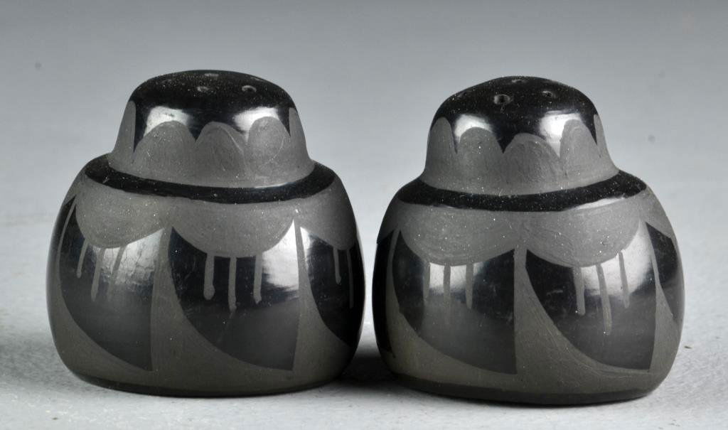 Pr. Maria Martinez San Ildefonso Style Shakers: Having polished geometric designs of somewhat squat form, 2.5"H, circa 1940's. Provenance: Formally in the collection of Gary Culpepper of Culpepper Galleries-Santa Fe, New Mexico.
