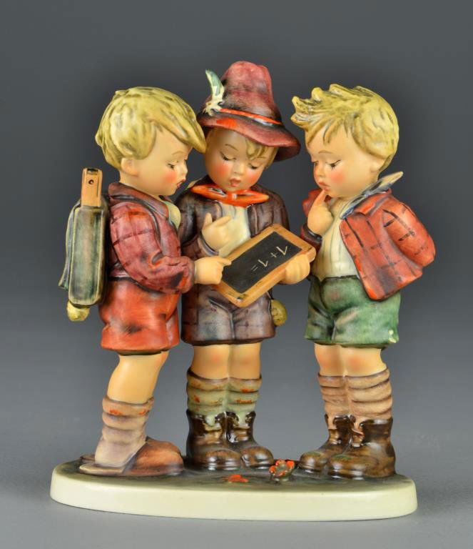 M.J. Hummel Porcelain Figurine, School Boys: Depicting three young boys with slate board, 7"H, blue underglaze mark Goebel W. Germany, impressed date 1967 and # 170/1. Condition: Good. Private Collection Roseville, Michigan lady.
