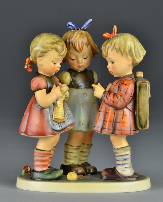M.J. Hummel Porcelain Figurine, School Girls: Depicting three young girls in conversation, 7"H, blue underglaze mark Goebel W. Germany, impressed date 1967 and # 177/I . Condition: Good. Private Collection Roseville, Michigan lady.