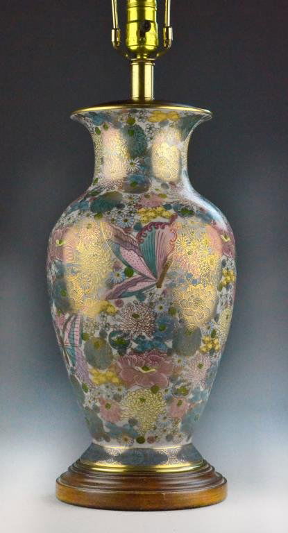 Frederick Cooper Porcelain Asian Lamp: Floral vase with gilt and pastel enameled decoration, raised on circular stepped wood base, 30" H, circa 20th century. Condition: good. Property of Fenton, Michigan, lady.