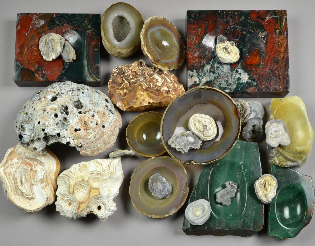 Large Grouping of Stone Specimens: Of various forms and styles, some polished, over 20 in all, largest measures 7.5"L. Provenance: Formally in the collection of Gary Culpepper of Culpepper Galleries-Santa Fe, New Mexico.