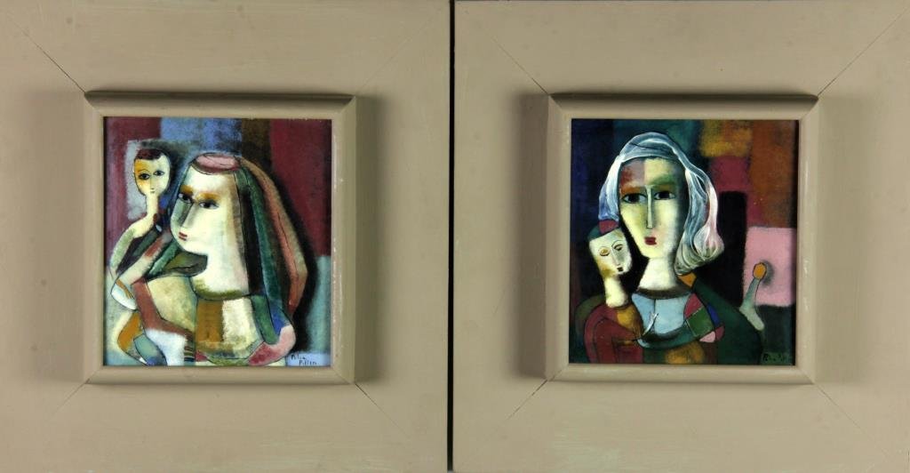 Pr. Polia Pillin Oil Paintings On Porcelain: Depicting abstract figures signed lower right. Polia Pillin(1909-1992) was an American artist known for modernist paintings. 19.5"h X 18.5"W overall. Property from Ethel Miller Siegel Trust, Bloomfiel