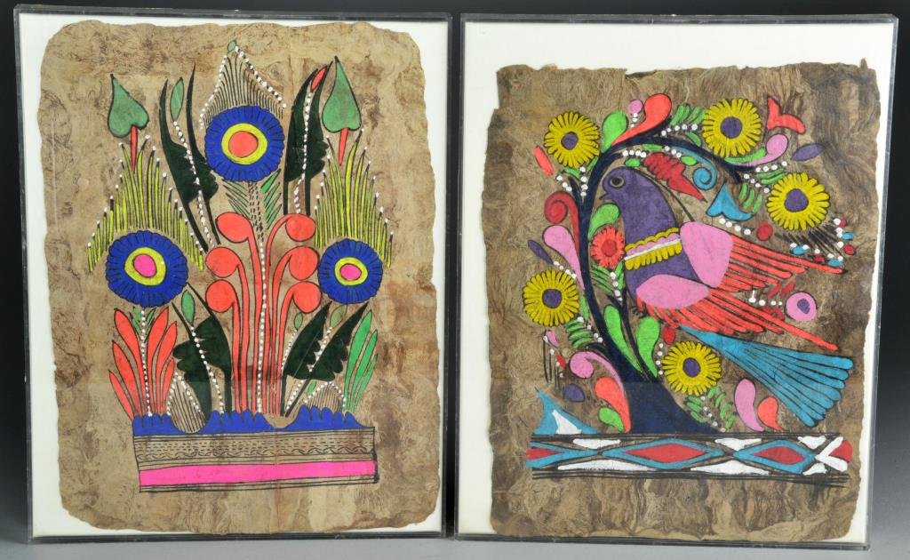 (12) Peruvian Paintings On Cloth & Leather?: Depicting birds and figures, all unsigned, largest measures 49"W X 24"H, circa 20th century. Provenance: Formally in the collection of Gary Culpepper of Culpepper Galleries-Santa Fe, New Mexico.