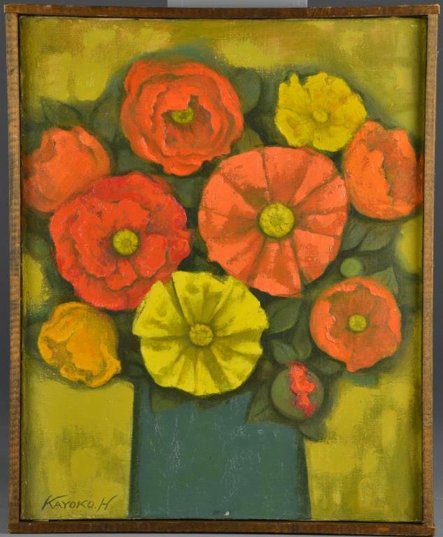 Kayoko H Oil Painting on Canvas: Depicting sunflowers signed lower left. Kayoko H. Is a New Mexico artist known for his still lives, 16"H X 13.5"W. Circa mid-20th century. Provenance: Formally in the collection of Gary Culpepper of C