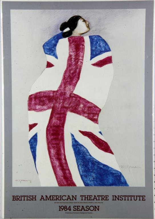(2) R.C. Gorman Pencil Signed Posters: To include two posters for The British American Theatre Institute's 1984 season depicting a woman cloaked in a British flag, both pencil signed lower right one with a personalized note from the artist