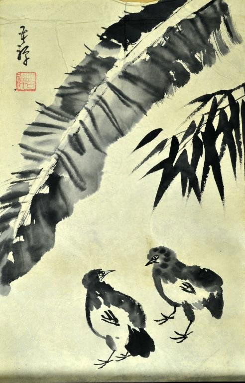 Chinese Ink Painting on Paper Manner of Li Kuchan: Chinese Ink Painting on Paper Manner of Li Kuchan. Depicting two chicks under a broad-leafed tree, with calligraphic signature and red seal. Li Kuchan(1899-1983) was a Chinese artist known for paintin