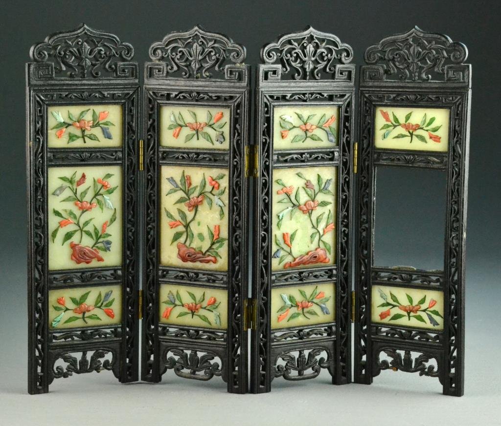 Chinese Semi-Precious Stone Inlaid Table Screen: Four panels depicting rock and flowers, 11.75"H X 3.75"W X 4, circa 20th century. Private collection, West Bloomfield Michigan.