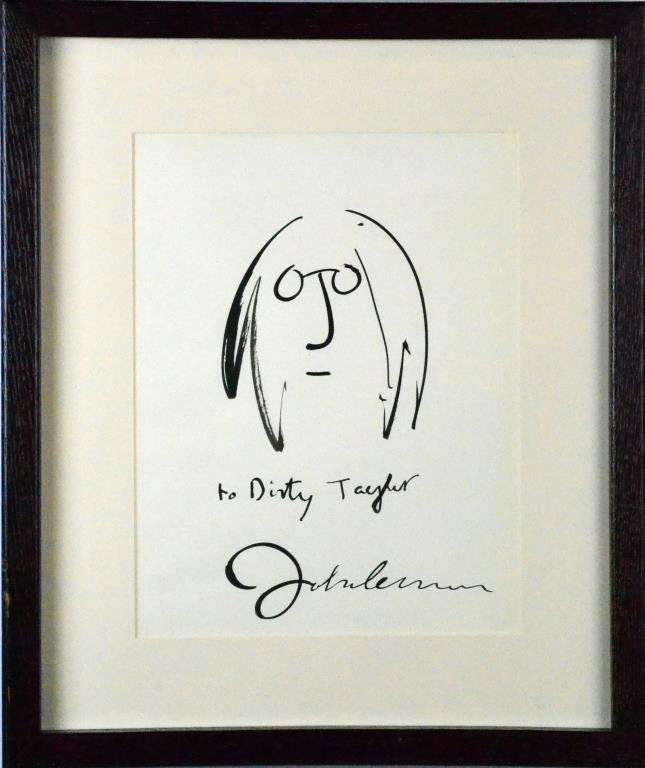 John Lennon Ink Drawing on Paper: Reads, To Dirty Taylor, probably for musician James Taylor (b.1948), depicting a self-portrait of John Lennon, signed lower center John Lennon. John Lennon (1940-1980) was a New York/United Kingdom mu