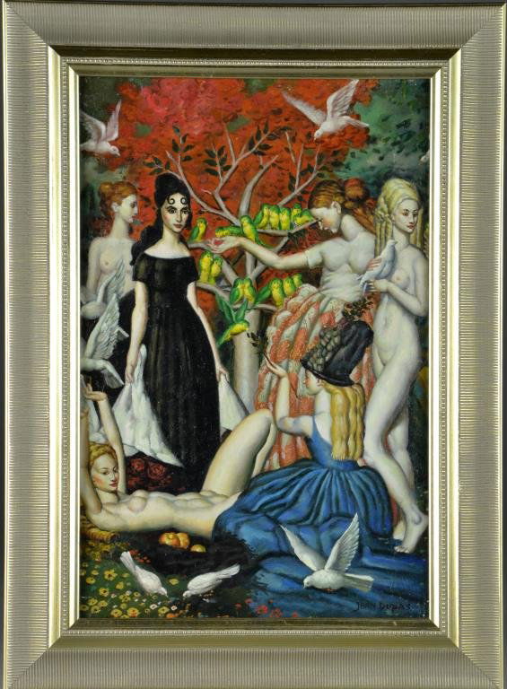 Manner of Jean Dupas Oil Painting on Canvas: Finely painted to depict five beauties, several of them nude, beneath a tree with doves and love birds, exhibiting excellent detail and very well done, signed lower right. Jean Dupas(1882-1964) was a