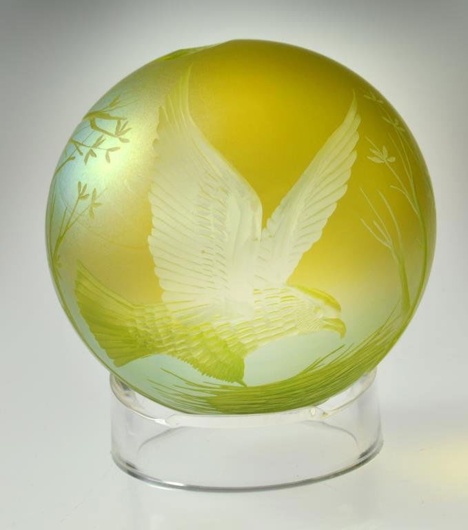 Lubomir Richter Orient & Flume Art Glass Paperweight: With wheel cut Eagles against a wooded landscape, number 145/200 and dated 1983. Property from Ethel Miller Siegel Trust, Bloomfield Hills, Michigan.