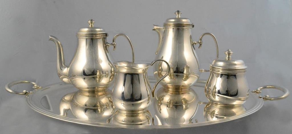 (5) Piece Fench Silver Plate Tea & Coffee Service: Christofle, French, in the Georgian Style , having scroll handles, includes coffee pot, teapot, creamer and sugar, and matching tray, coffee pot 8"H Condition: Excellent. Private collection Rochester 