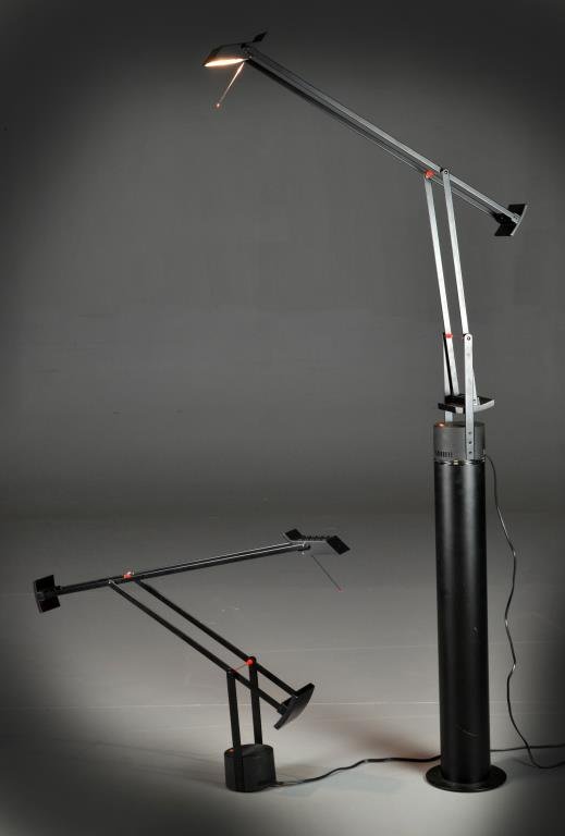 (2) Artemide-Modello Design Lamps: To include a floor and table model both of pendulum design, both marked Modello design-Tizio R. Sapper-Made in Italy, Circa mid-century. Tallest measures 72"H. Provenance: Formally in the collection o