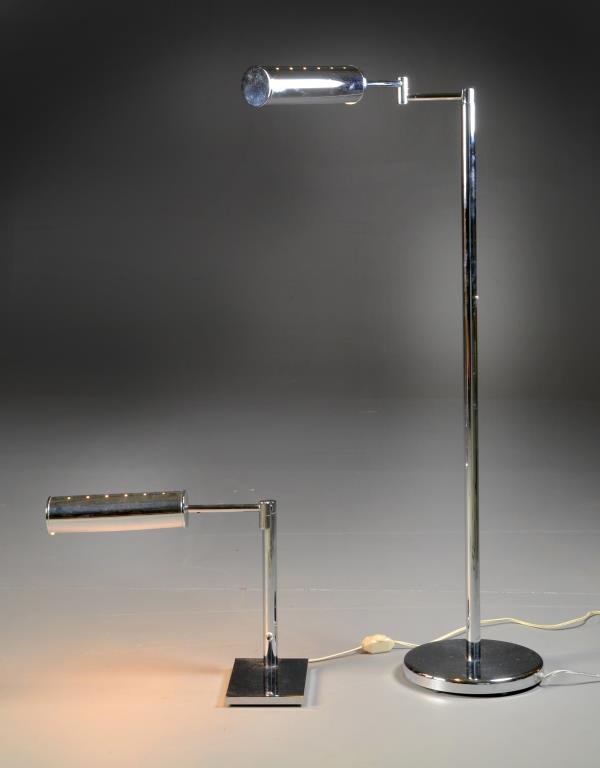 (2) Nesson Mid-Century Chrome Lamps: To include a floor lamp with circular base and movable arm together with a table lamp with rectangular base and movable arm, both with dimmer switches and of nice quality, floor lamp measures 40.5"H, 