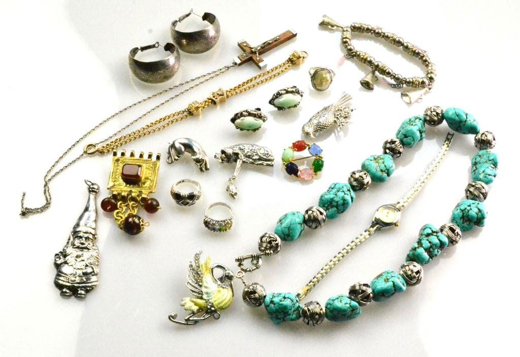 (19)Pcs. Jewelry Including Sterling Silver & Turquoise: Includes Citizen watch, turquoise nugget necklace with toggle clasp, three silver rings stamped 925, agate clip earrings stamped silver mexico, two sterling silver cat pins, and more, circa 20th centu