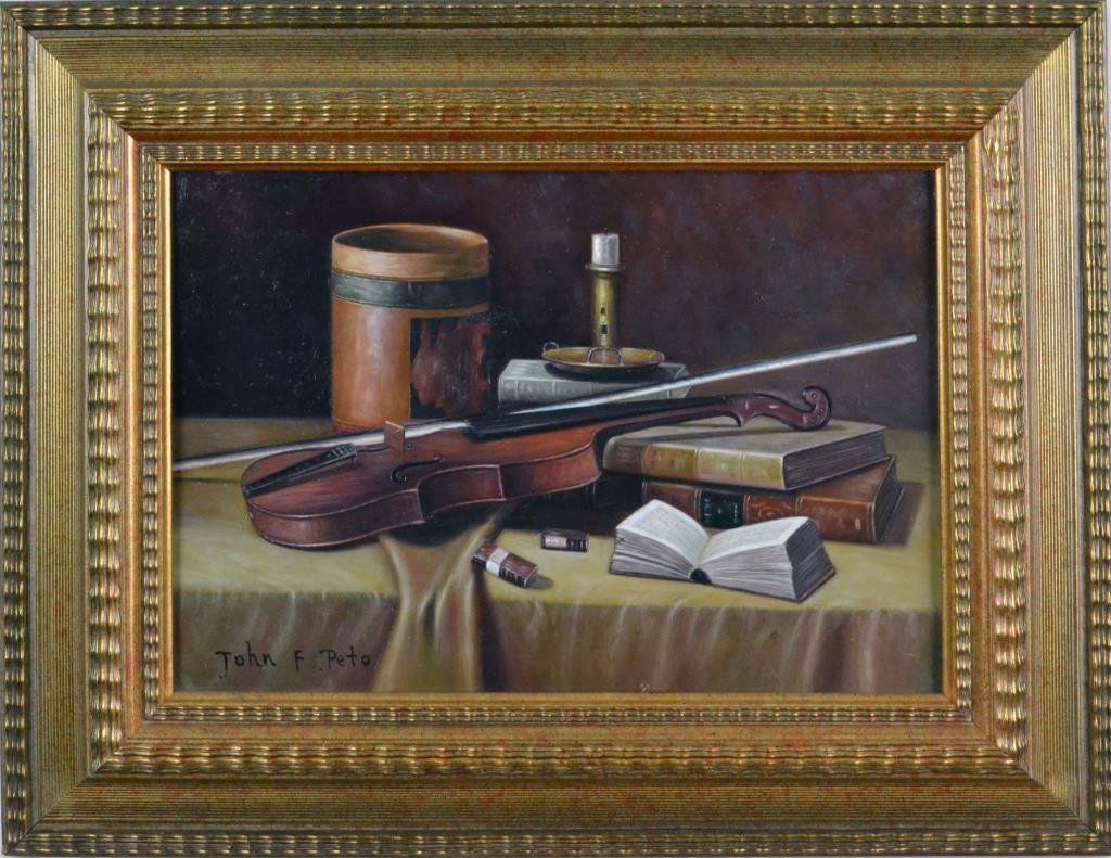 Manner of John F. Peto Oil on Board: Depicting tobacco jar, candle stick, violin with books on a table, signed lower left. John Frederick Peto(1854-1907) was a New Jersey/Pennsylvania artist known for trompe still life, marine and portra