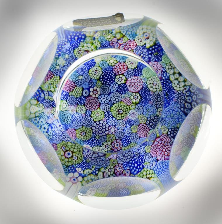 Whitefriars English Glass Paperweight: With fine internal decoration of millefiori, and having its original paper label, 3.25" D, circa 20th century. The Trust of Ethel Siegel, W. Bloomfield, Michigan.