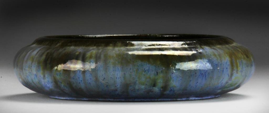 Fulper Glazed Pottery Basin: Having a molted and iridescent glaze and bearing the Fulper Race Track mark, circa 1914-1920, 10.75"D. Provenance: Formally in the collection of Gary Culpepper of Culpepper Galleries-Santa Fe, New Mex