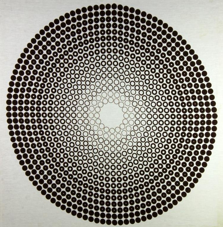 Verner Panton Mira-Spectrum Print on Cotton: A geometric depiction of circles in vaious shades of brown, labled on back Mira-Spectrum Designed by Vernor Panton for Mira-x AG-100% CO 46"H X 44"W
