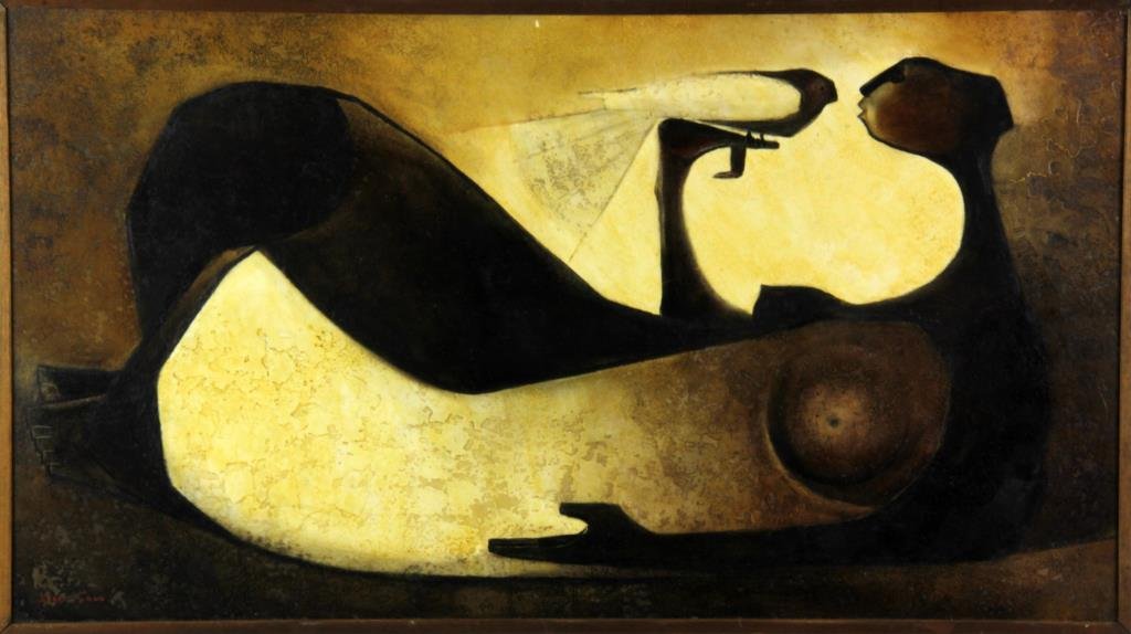 Mario Lopez Cano Oil Painting on Canvas: A Mexican abstract painting of a nude woman with a bird resting on her hand, signed lower left. Mario Lopez Cano(1928) is a Mexican artist known for his abstract paintings. Image measures 18.25"H X 33