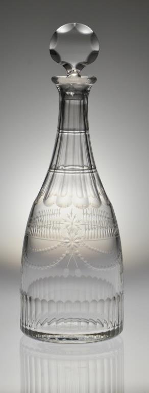 Mottahedeh Cut Glass Decanter: Having fine cut decoration depicting wheat and swag, with sunburst stopper, a very attractive piece, 12" H, circa 20th century. Property from Ethel Miller Siegel Trust, Bloomfield Hills, Michigan.