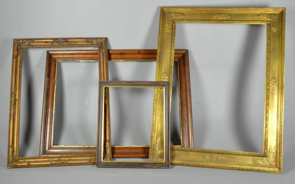 (4) Large Antique Gilt Wood Picture Frames: Of various shapes and sizes, all retaining most of their original finish, largest is 56"H X 43.5"W. Condition: Normal nics and abrasions and small losses commensurate with age. Provenance: Formally in