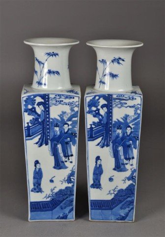 Pair Chinese Large Figural B & W Square Vases: Matching large square porcelain blue and white vases having horizontal flange and flared rim, neck having blue bamboo decoration, each side has a different painted household scene, four underglazed bl