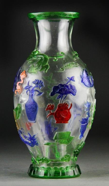 Chinese Peking Glass Vase - Clear/Green/Multicolored: Lantern-shaped vase with green and multi-colored overlay over clear ground, Greek Key design on rimt, body carved with many flowers/dragons/bamboo in various colors, molded Qianlong mark on bottom, 10