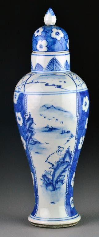 Chinese Blue & White Porcelain Covered Urn: Painted to depict fisherman in a mountain lake, base bearing six character mark in underglaze blue, 10.5"H.