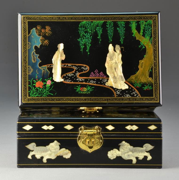 (2) Chinese MOP Inlaid Jewelry Boxes: Depicting beauties within a landscape, with mother of pearl foo dogs and censers along the sides, one line of red calligraphy to back panel, 3"H X 9"W X 6"D.