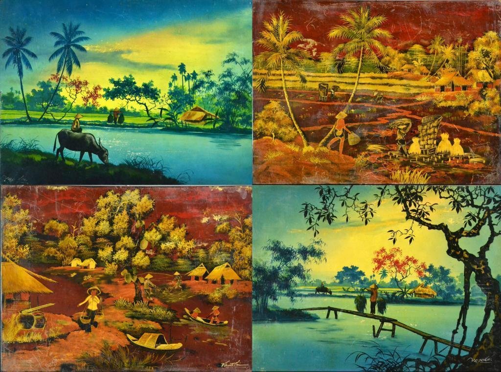 (4) Vietnamese Paintings On Wood Panel: Each painted to depict various scenes including village and farming with figures, three signed by two different artists, but signiatures are hard to read. Each measures 11.75"H x 15.75"W, circa mid 20