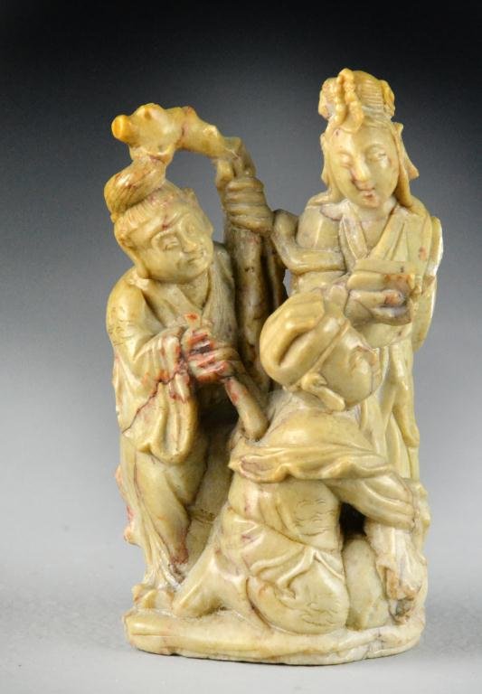 Chinese Soapstone Figural Carving: Finely carved grouping of three figures that appear to be scholar, student and a seated elder, 4" H x 2.5" W, circa 20th century, excellent condition. Private collection of Ortonville lady.