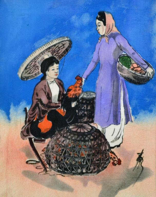 Vietnamese Painting On Heavy Card Stock: Painted to depict two ladies trading fruits and vegetables, signed lower right, 9.25"H x 7.25"W, sight, unframed, circa 20th century.