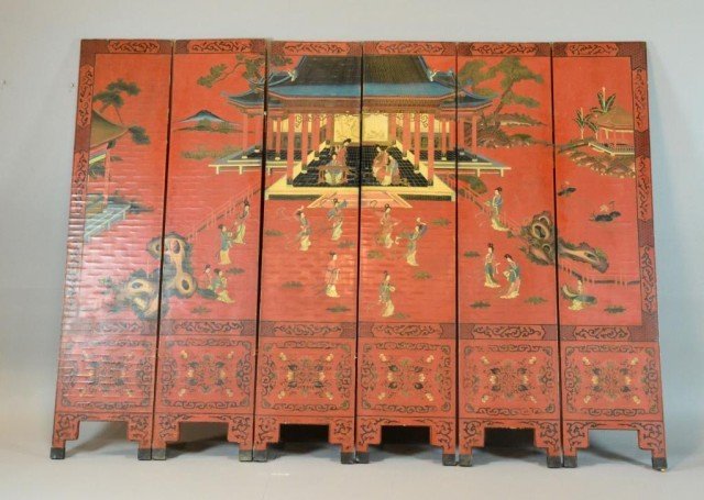 Fine Chinese Qing Red Lacquer Six Panel Screen: Finely carved and painted on one side to depict figures in pavilions and court yards, the reverse decorated with precious objects, each panel measures 72"H X 16"W, circa 18th/19th century. Condition: 