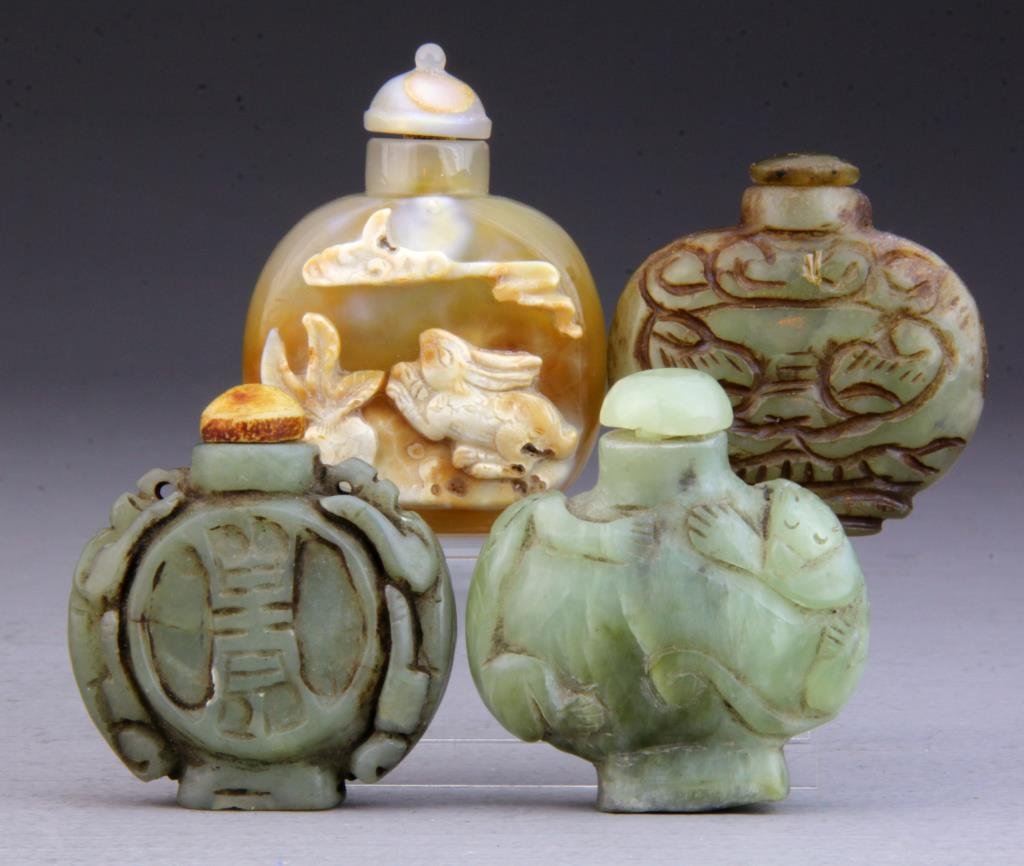 (4) Pcs Chinese Agate and Hard Stone Snuff Bottles: Detailed carvings of Buddha, cats and bats, one with rabbit and radish overlay, tallest is 2.75"H. Condition: good, all complete with stoppers.