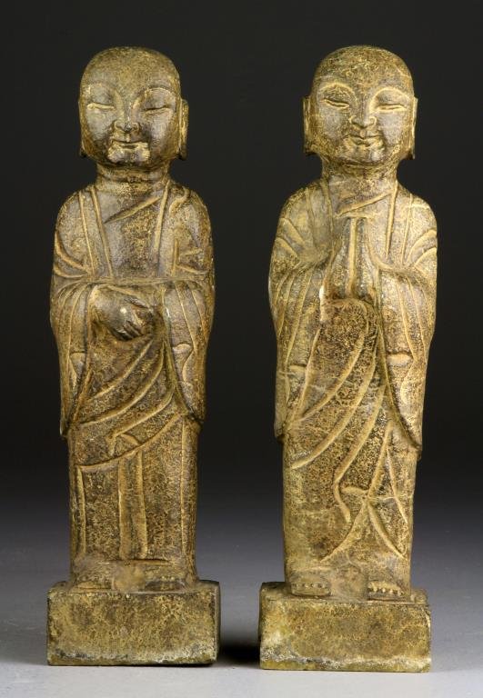 Pr. Chinese Stone Buddha on Base: Detailed carvings of buddha, one with hands pressed before him, second with hands folded, 13.75"H x 3.875"W.