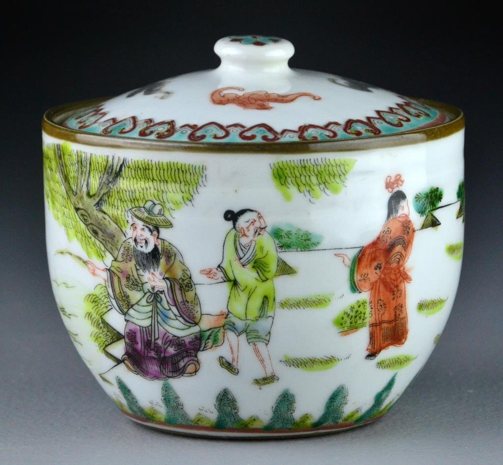 Chinese Famille Rose Porcelain Covered Pot: Finely painted to depict figures within a landscape, the lid with four bats in iron red and black, base with red seal stamp, 4.75"H X 5.25"D.