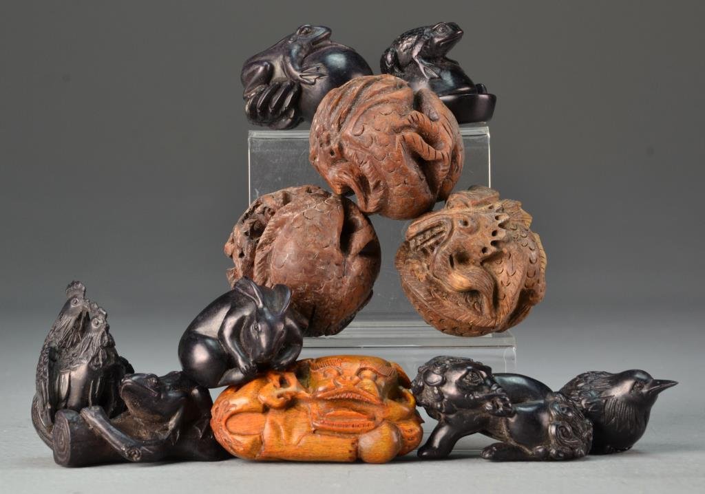 (11) Japanese Carved Wooden Netsuke: All carved to depict various animals, largest is 2"H.