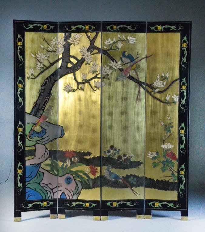 Chinese Four Panel Screen: Depicting birds among flowering branches, each panel measures 72"H X 15.75"W.