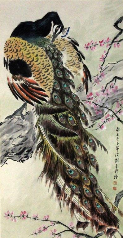 Chinese Scroll Painting Manner of Liu Quiling: Chinese Scroll Painting Manner of Liu Quiling. Polychrome painting depicting large colorful peacock, with one line of calligraphy and 2 red seal marks, 23.5" W x 63" L. Condition: good. Property of Tr