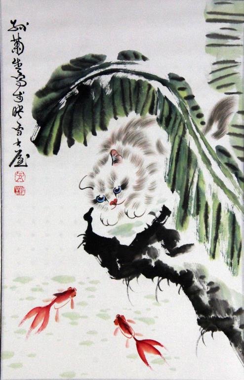 Chinese Scroll Painting Manner of Sun Jusheng: Chinese Scroll Painting Manner of Sun Jusheng. Polychrone painting of white kitten with blue eyes watching two koi fish, one line of calligraphy and two red seal marks, 21" W x 54" L. Condition: good.