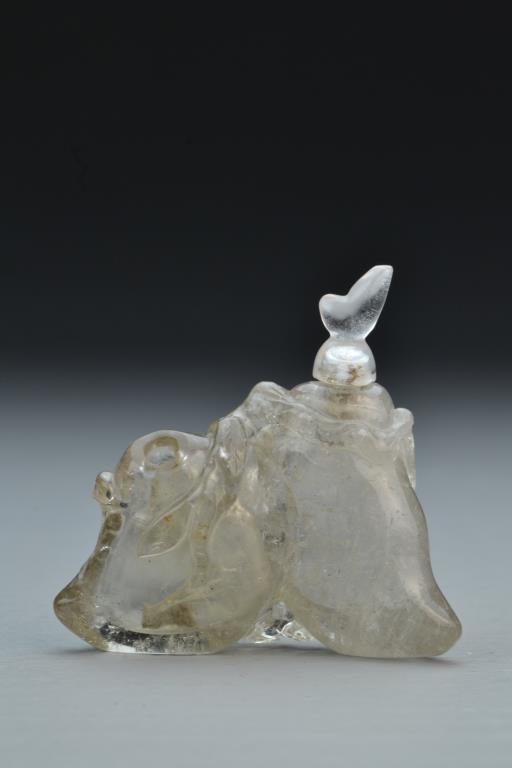 Chinese Carved Rock Crystal Double Snuff Bottle: Finely carved in shape of fruit with bat and tree branch on back, one stopper in shape of a leaf, 2.5"H. From the collection of David Bell who worked for an Italian steel company in China during the 1