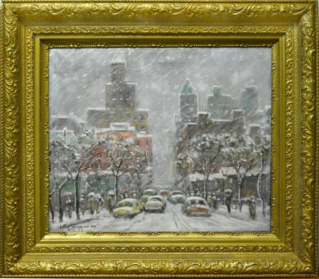 Guy Carleton Wiggins Oil Painting On Canvas: Depicting a winter blizzard in New York City, with multiple figures, trees and automobiles, signed lower left and additionally signed lower verso right, Guy Carleton Wiggins (1883-1962) was a New York
