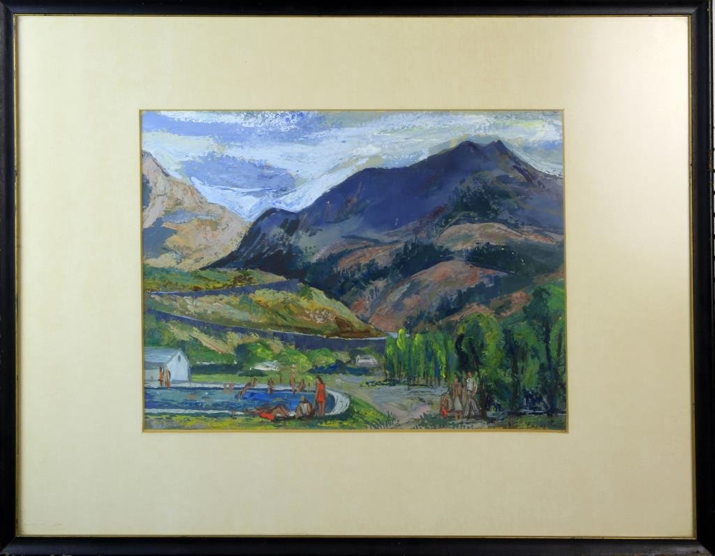 Edgar Britton Gouache Painting on Paper: Depicting a pool at Quray, Colorado with bathers within a wooded and mountainous landscape, signed lower right "Edgar Britton" Edgar Britton (1901-1982) lived and worked in Illinois and Colorado is kn