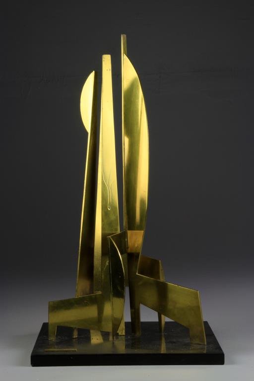 Paul Jeffries Modernistic Bronze Sculpture: Depicting what appears to be stylized rocket ships affixed to marble base, signed with artist plaque to top of base, 21.5"H x 12"square, circa mid 20th century. Collection of the Late Robert Willis ow