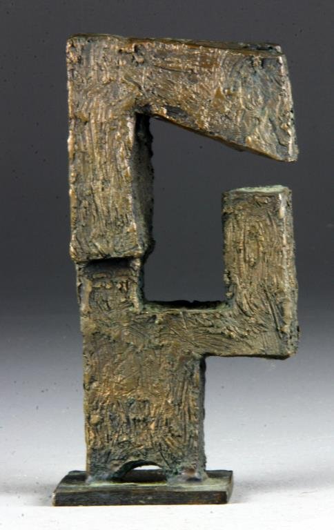A Signed Milano Modern Bronze Sculpture: Of abstract form, well cast, having a brown and verdigris patina, signed to top of base, 7.75"H, circa mid-20th century. Collection of the Late Robert Willis owner of R.F. Willis Galleries, Grand Rapi